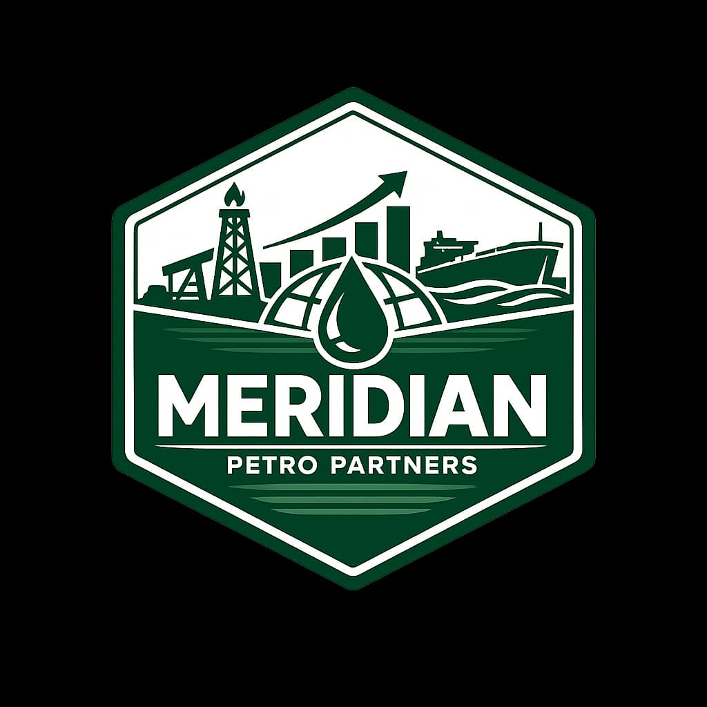Hexagon logo for Meridian Petro Partners with oil brokerage symbols in forest green and white.