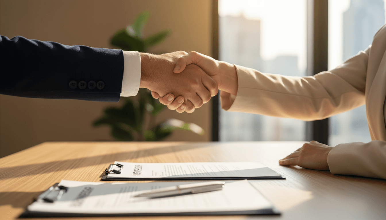 Business handshake representing petroleum transaction facilitation