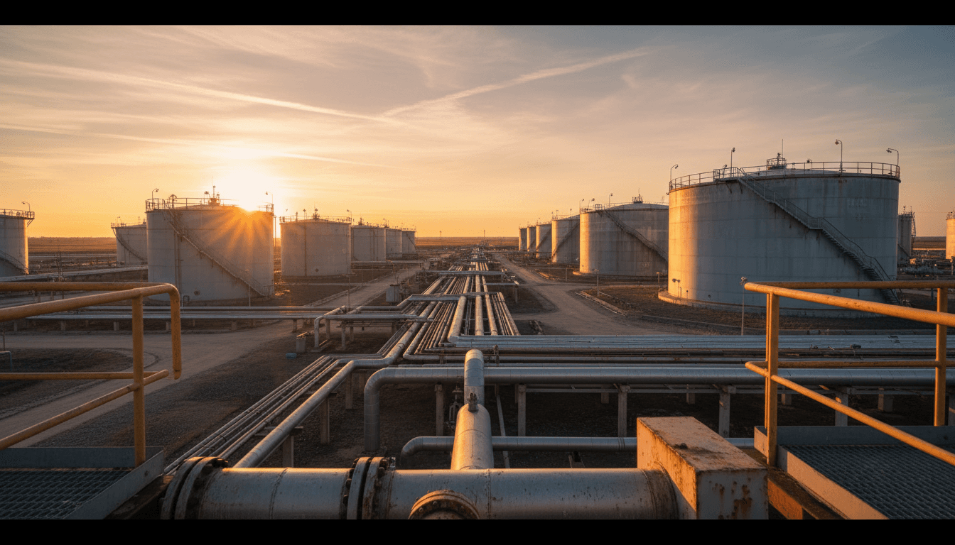Petroleum terminal facility with storage tanks during golden hour light