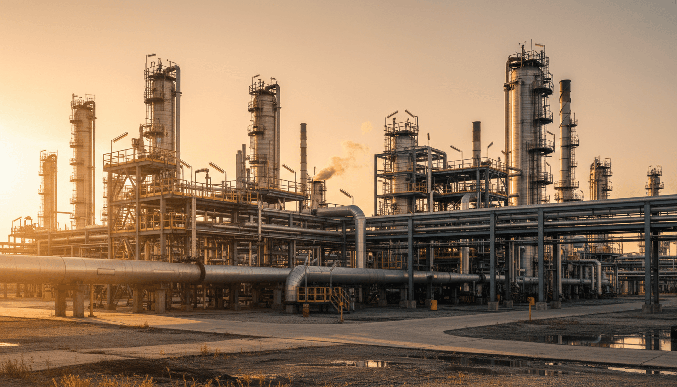 Oil refinery infrastructure at golden hour