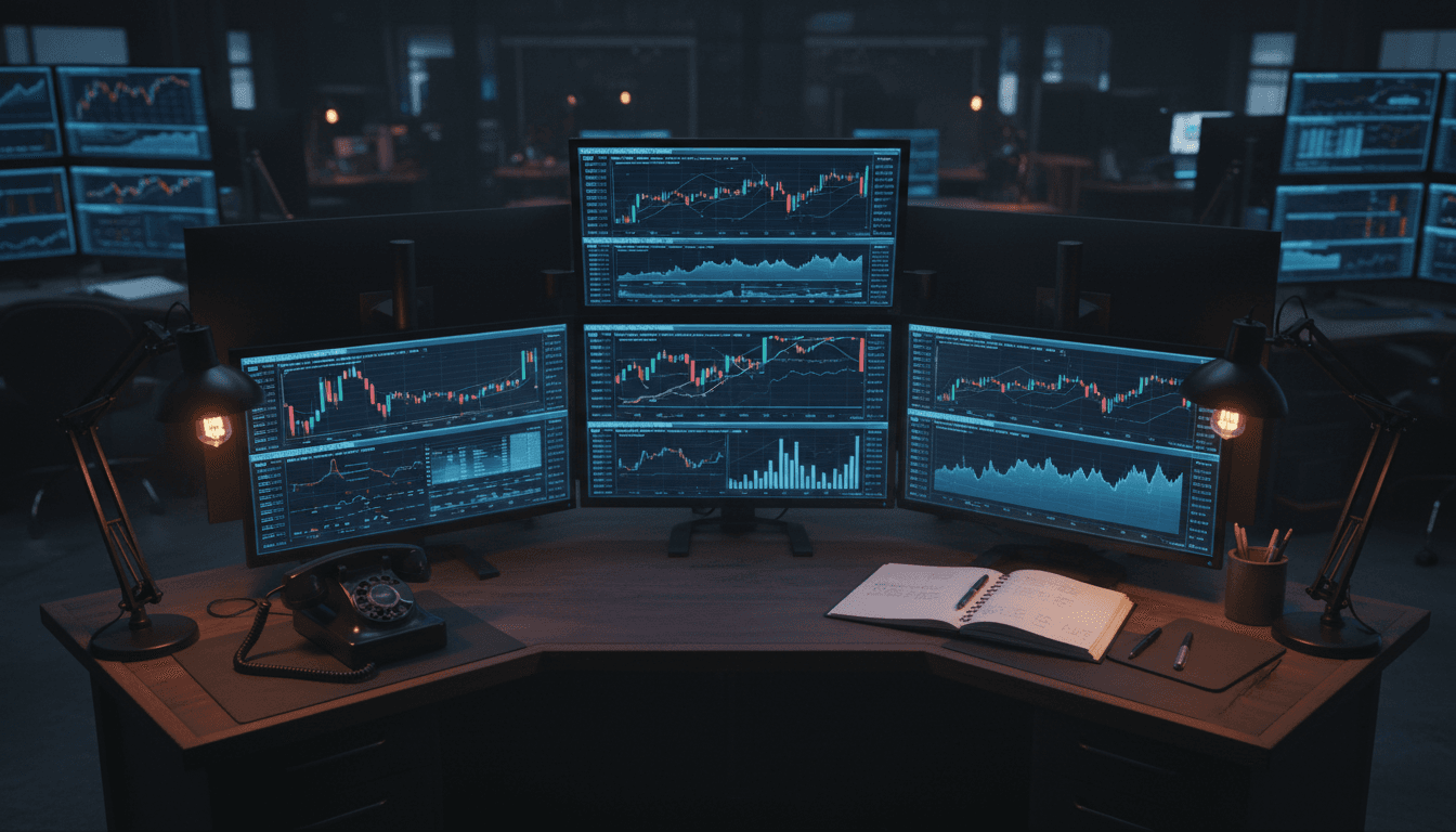 Professional petroleum trading workspace with multiple monitors and market data displays