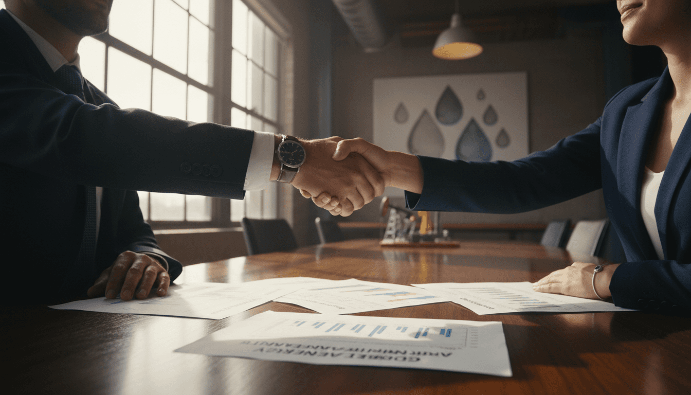 Two professionals shaking hands across a desk during oil brokerage transaction