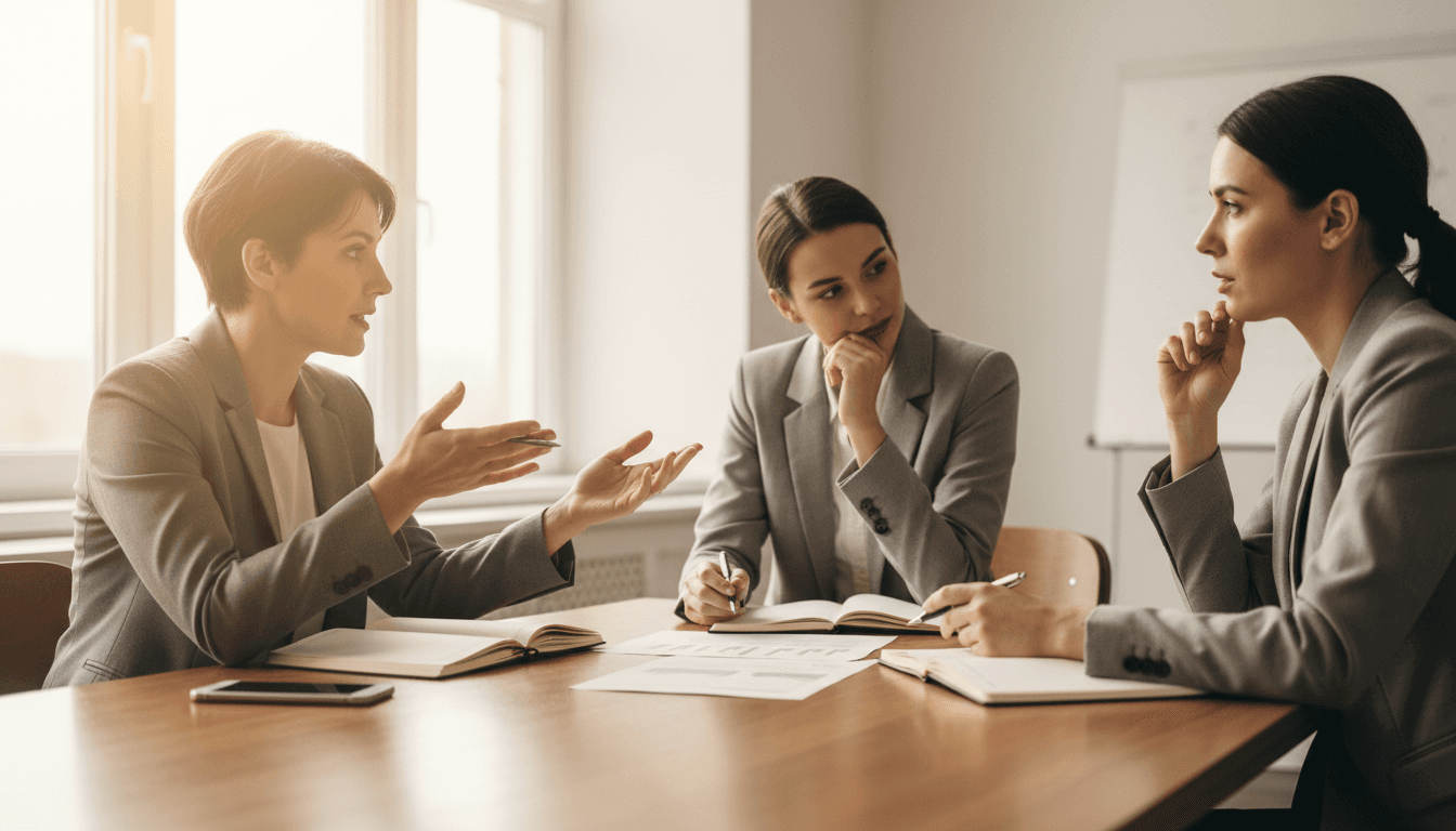 Business professionals collaborating at a conference table during negotiation